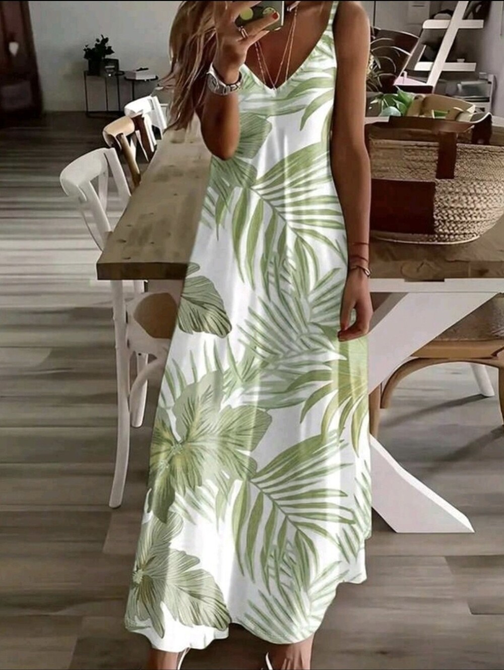 Tropical Green Leaf V-Neck Maxi Dress